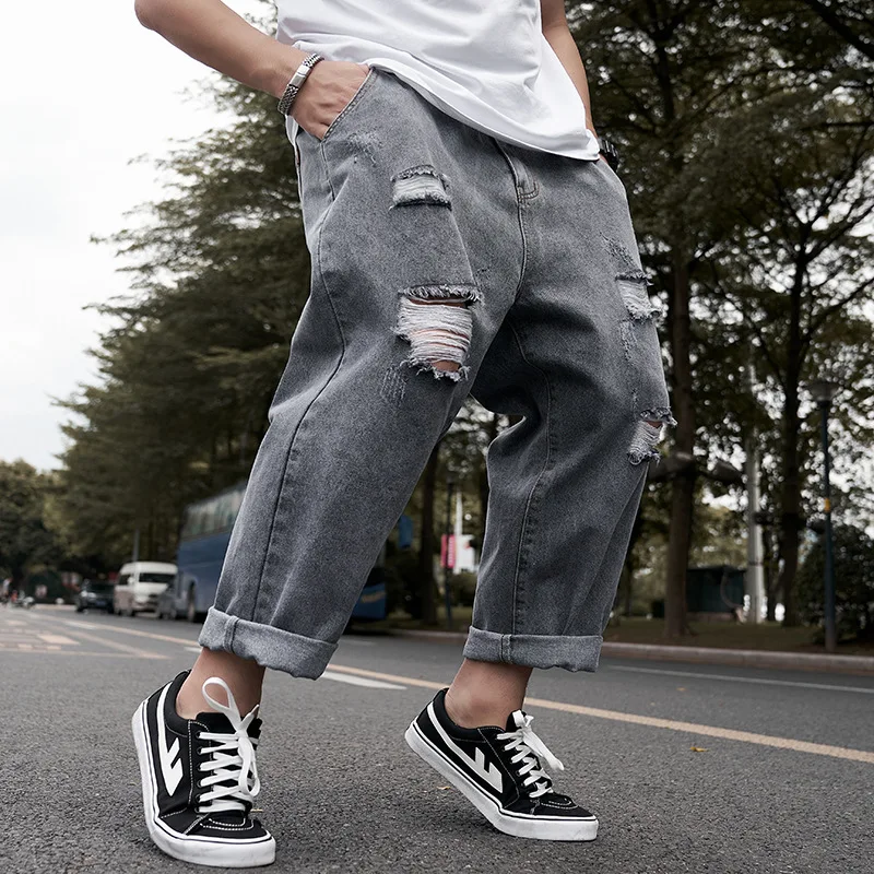 Plus Size Baggy Ripped Jeans Men Denim Pants Grey Wide Leg Trousers Men's Jeans Loose Casual Korean Streetwear Hip Hop Holes