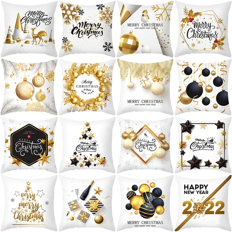 

Gold Black Cushion Cover Santa Claus Snowflake Deer Merry Christmas Decoration For Home