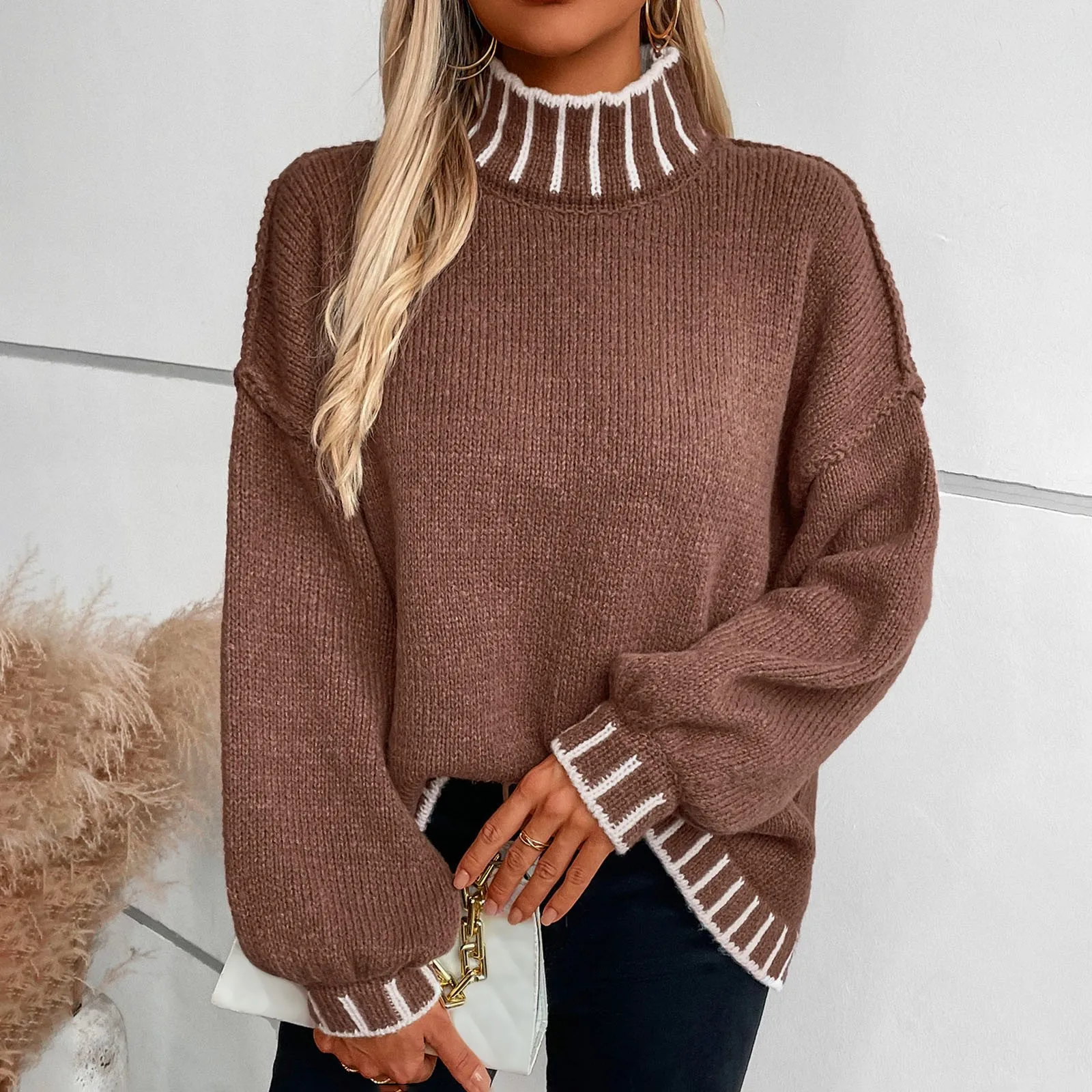 Полосатый пуловер с высокой горловиной свободный женский свитер ложным