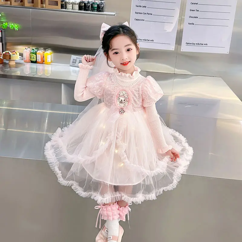 

Kawaii Sanrios Cinnamoroll My Melody осень и зима фиолетовое платье Kuromi свитер платье для девочек детское Лолита Сетчатое платье принцессы