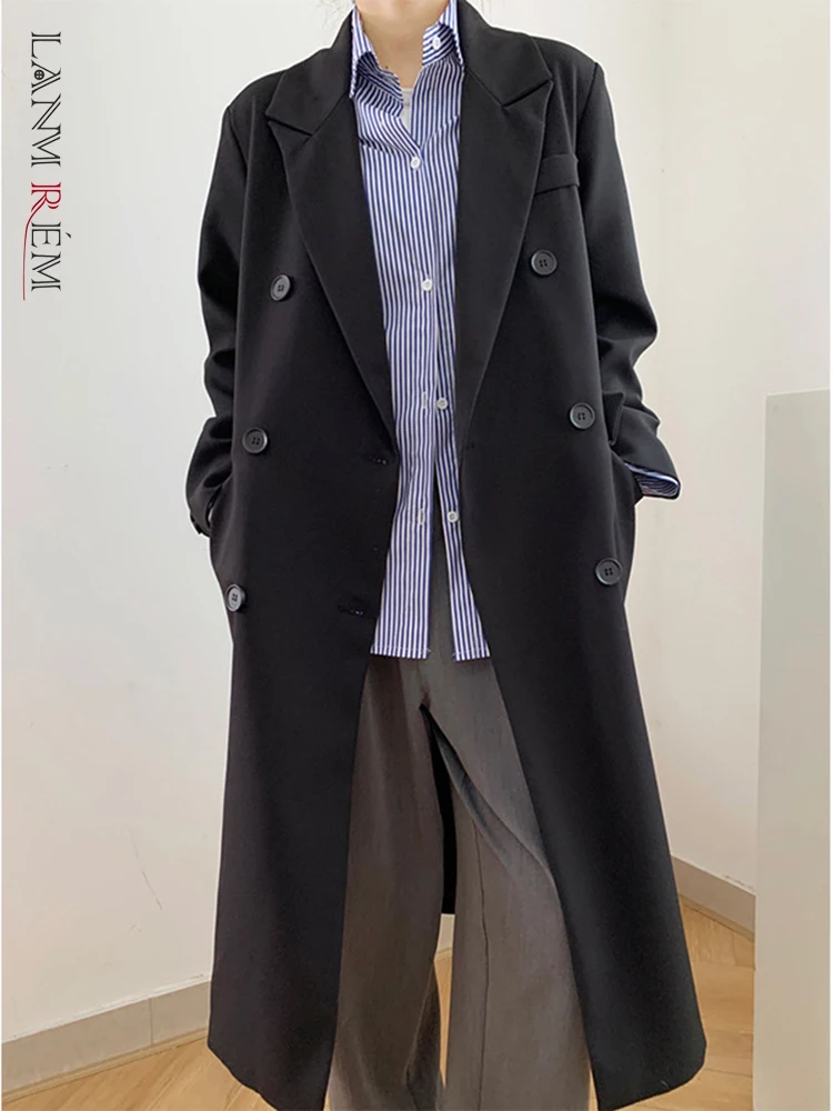 

LANMREM, офисные женские длинные блейзеры, женское двубортное однотонное пальто с отложным воротником, модная Осенняя Новинка 2023, одежда 2AA1598
