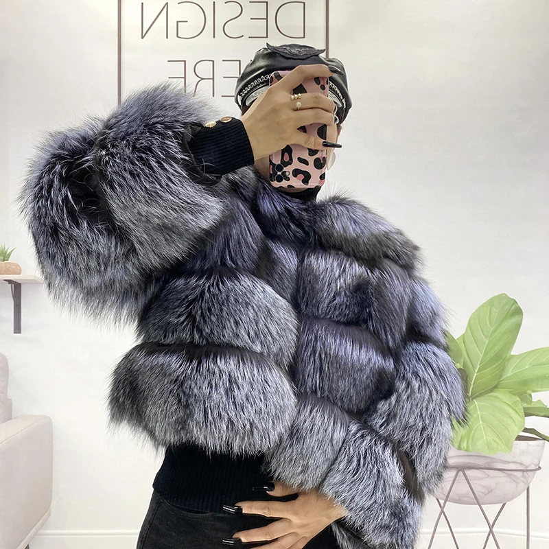 Women Winter Real Fur Raccoon Round Neck Fur Coat Natural Silver Fox Fur Fluffy Warm Thick Jacket Female Big Size Warm Outerwear