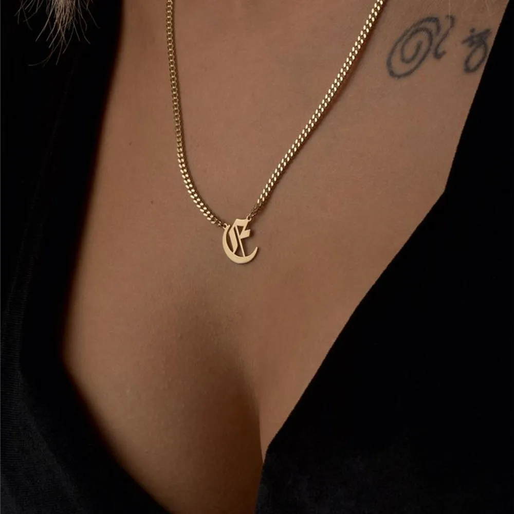 

Vintage Initial Necklace For Women Stainless Steel Letter Clavicle Chain Choker Necklaces Goth Old English Font Jewelry Gift