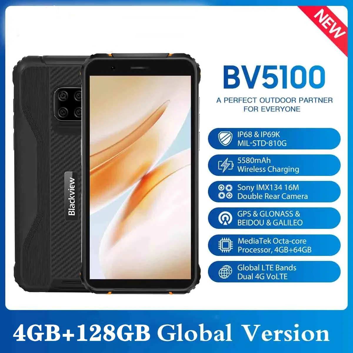 Blackview Global Version BV5100 4GB+128GB Mobile Phone IP68 Waterproof Rugged Phone 5580mAh 5.7