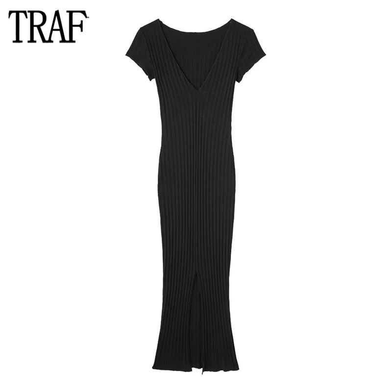 

TRAF Black Knit Long Dresses for Women Ribbed Bodycon Dress Woman Summer Basics Midi Dress Women Short Sleeve Knitted Dresses