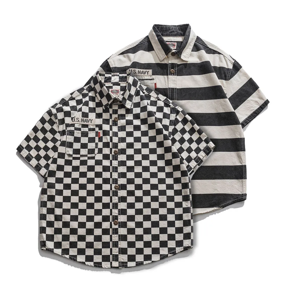 

Men Oversize Harajuku Streetwear Fashion Vintage Loose Casual Plaid Stripe Short Sleeve Cargo Shirt Summer Camisas Para Hombre