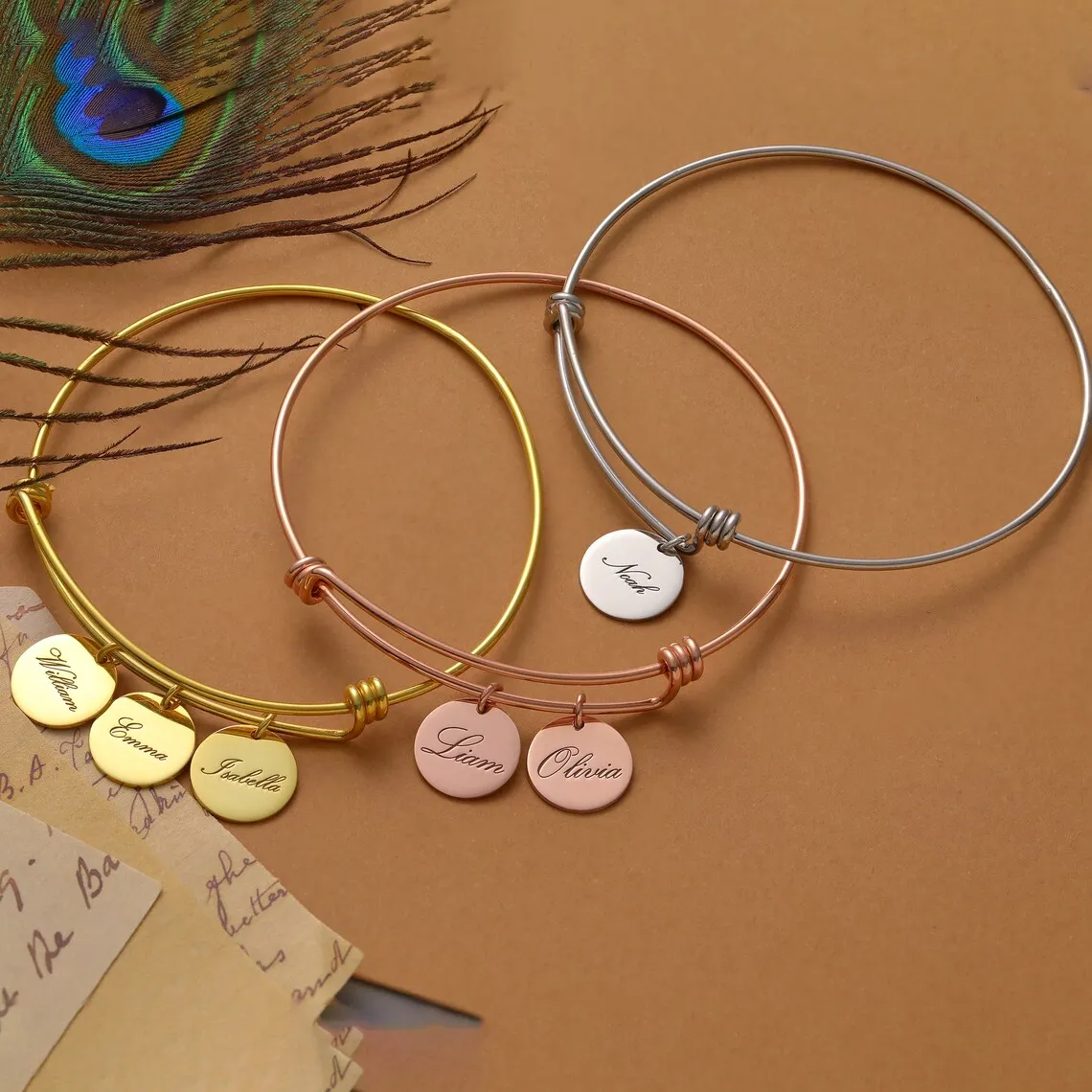 Personalized Bracelet for Women Customized Engraved Disc 1-6Names Adjustable Bangles Stainless Steel for Mama Jewelry Gift