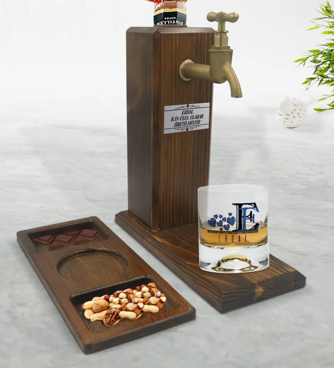 

Personalized Letter Whisky Cup & Tap Natural Wood Stand & Solid Wood Rectangle Presentation Tabağı Confectionary Gift Seti-2
