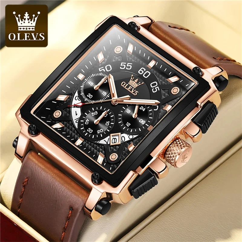 

OLEVS 9919 Original Quartz Watch for Men Leather Strap Big Dial Square Waterproof Chronograph Sport Clock Male Relogio Masculino
