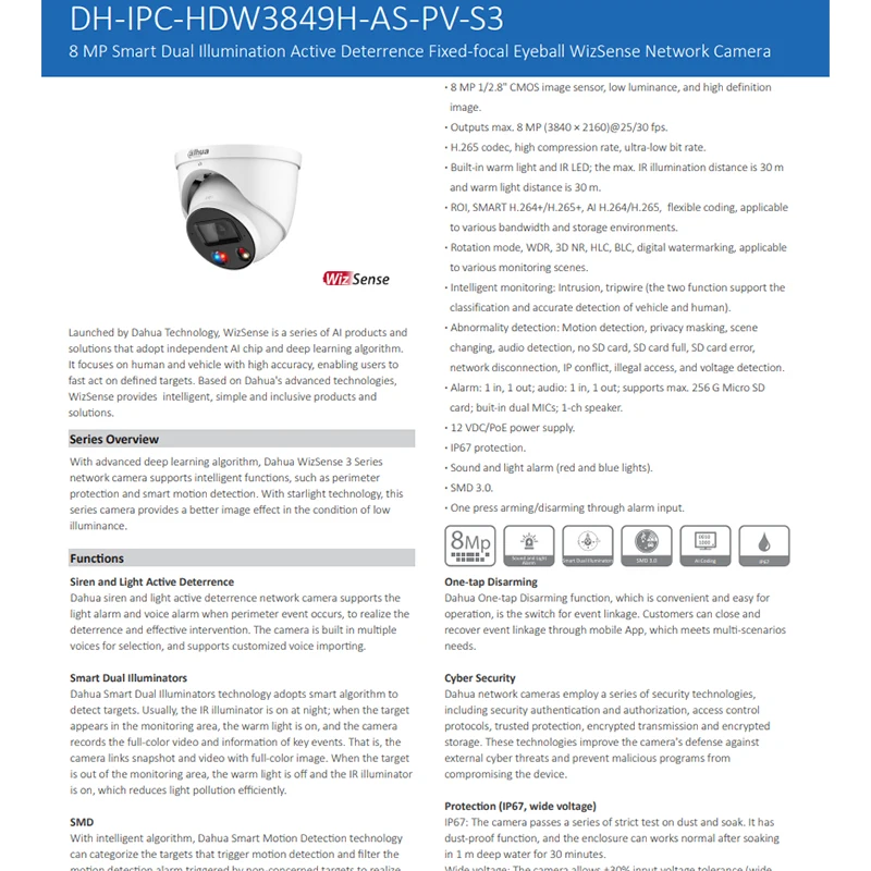 Купить Dahua IPC-HDW3849H-AS-PV-S3 8 Мп POE 4K IP-камера с теплсветильник 30 м IR30M встроенный двойной микрофон динамик WizSense комнатный глазный шар