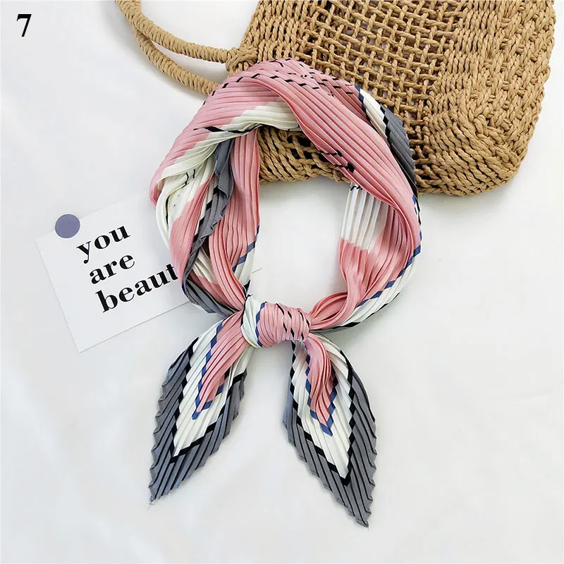 

2022 Korean Silk Square Scarf Pleated Small Hair Scarfs Printed Small Long Ribbon Neutral Headband Foulard Neckerchief Fashion