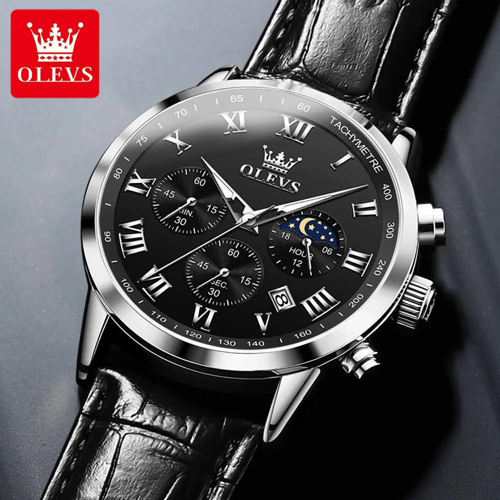 Мужские кварцевые часы с хронографом на кожаном ремешке