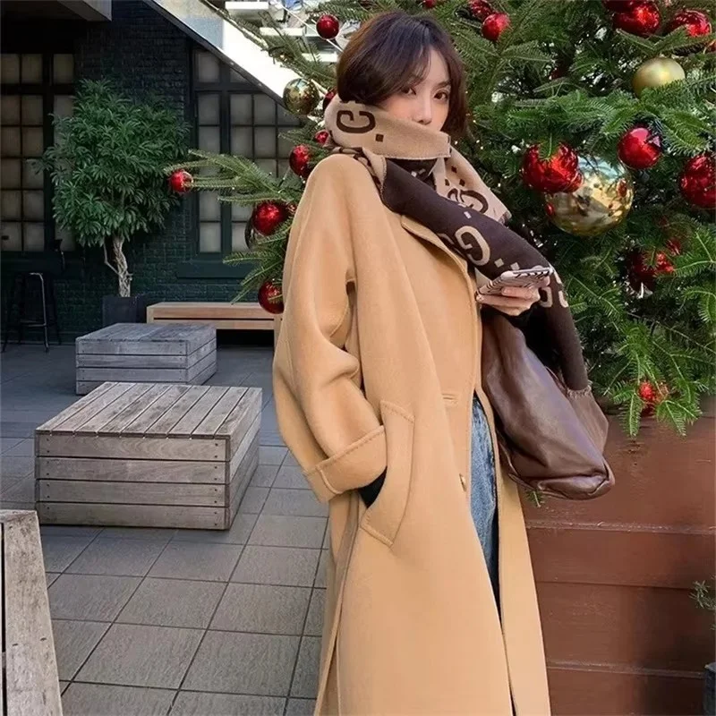 2024 зимняя женская шерстяная верхняя одежда средней длины кашемировая куртка с