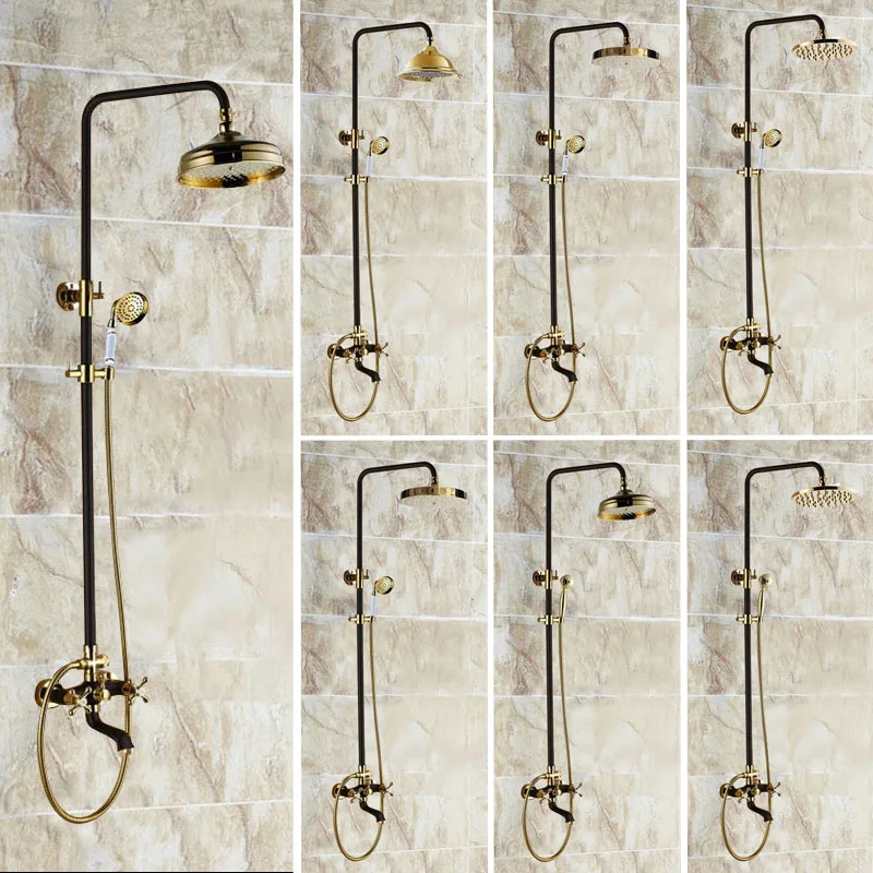 

Gold & Black Oil Rubbed Brass Wall Mounted Bathroom Dual Handles 8" Inch Rain Shower Head Faucet Set Bath Tub Mixer Tap azh405