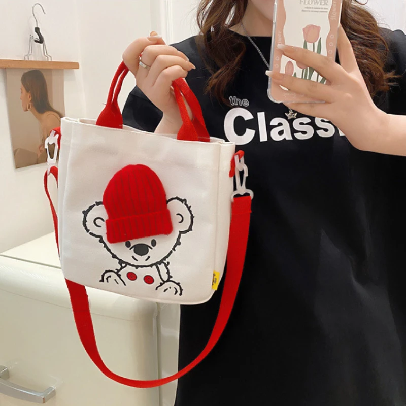 

MBTI Canvas Shoulder Bag Cartoon Bear Print Creative Handbag White Casual 2023 New Trend Designer Student Book Crossbody Bags