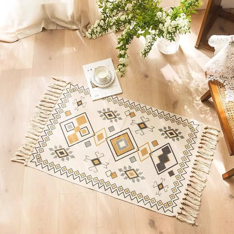 

Cotton Bedroom Rug Linen Blanket Floor Decorative Tapestry Retro Hand Carpet Bohemian Woven Area Mat Tassel