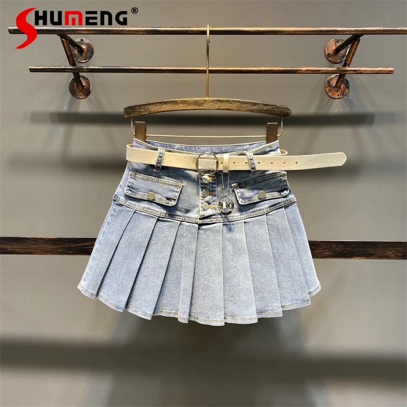 

Preppy Style Short Denim Pleated Skirt for Women High Waist Slimming Sport A- Line Mini Skirt 2022 New Spring Summer Falda Mujer