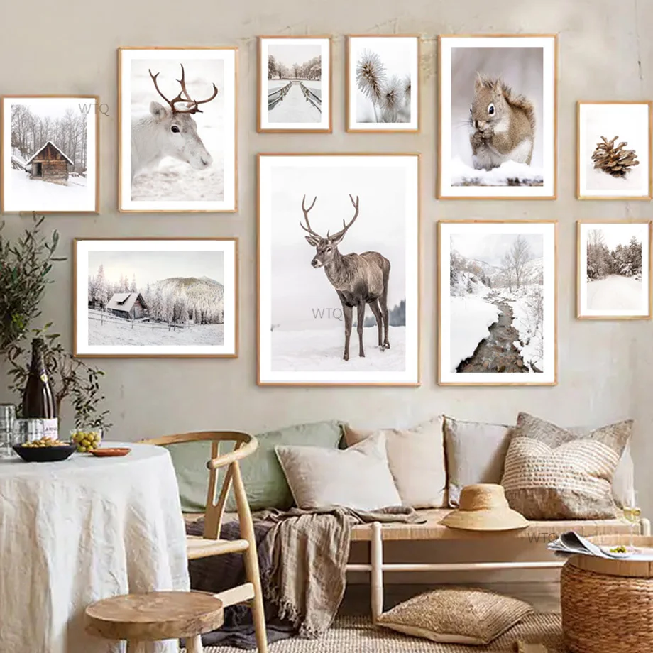 

Пейзаж снега олень белка деревянный дом сосна река стена Художественная печать холст живопись фотография для гостиной