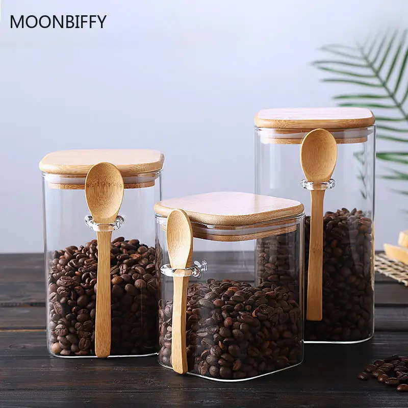 Japanese Style Square Glass Sealed Storage Jar with Wooden Spoon Seasoning Box Coffee Bean Cans Household Milk Powder Tea Cans