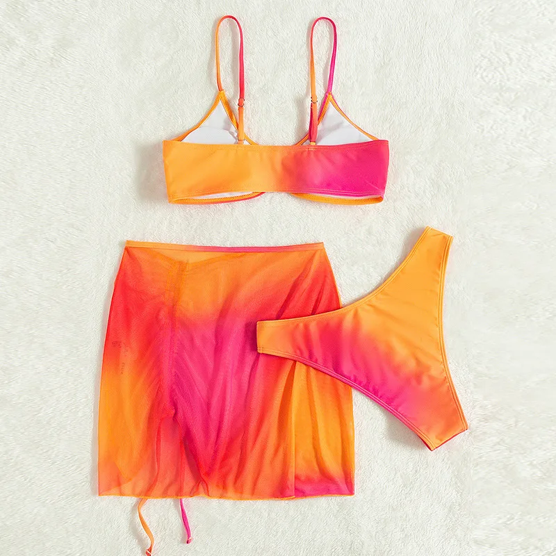 Купальник-бикини женский летний из трех предметов с принтом и сетчатой юбкой |