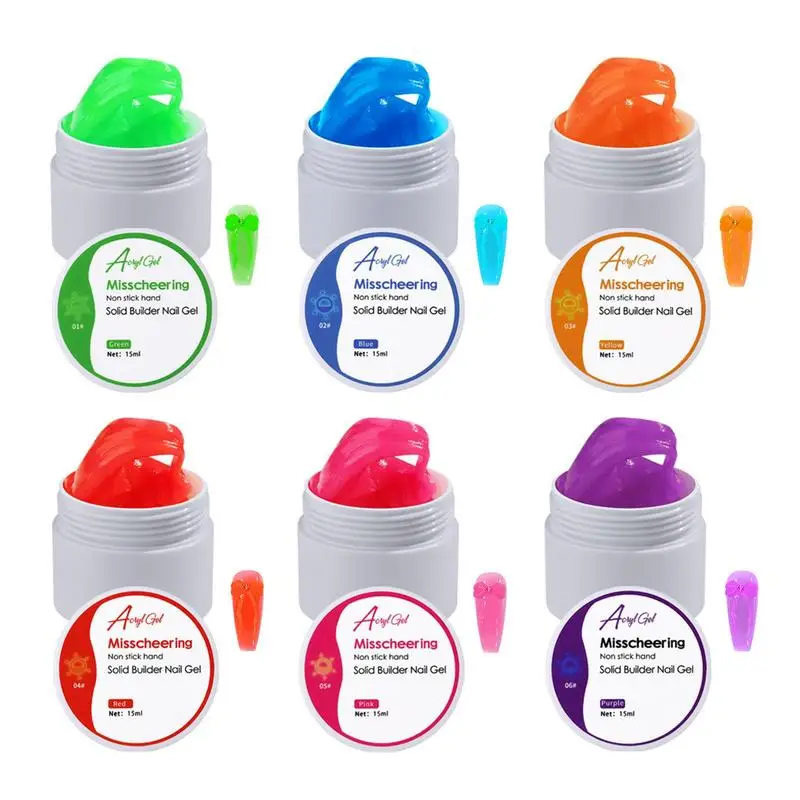 

Solid Nail Builders Gel 6 Colors Nail Tips Builder Glue Hard Gel Night Light Non-Sticky Modeling Gel Nail Extension Kit Press On