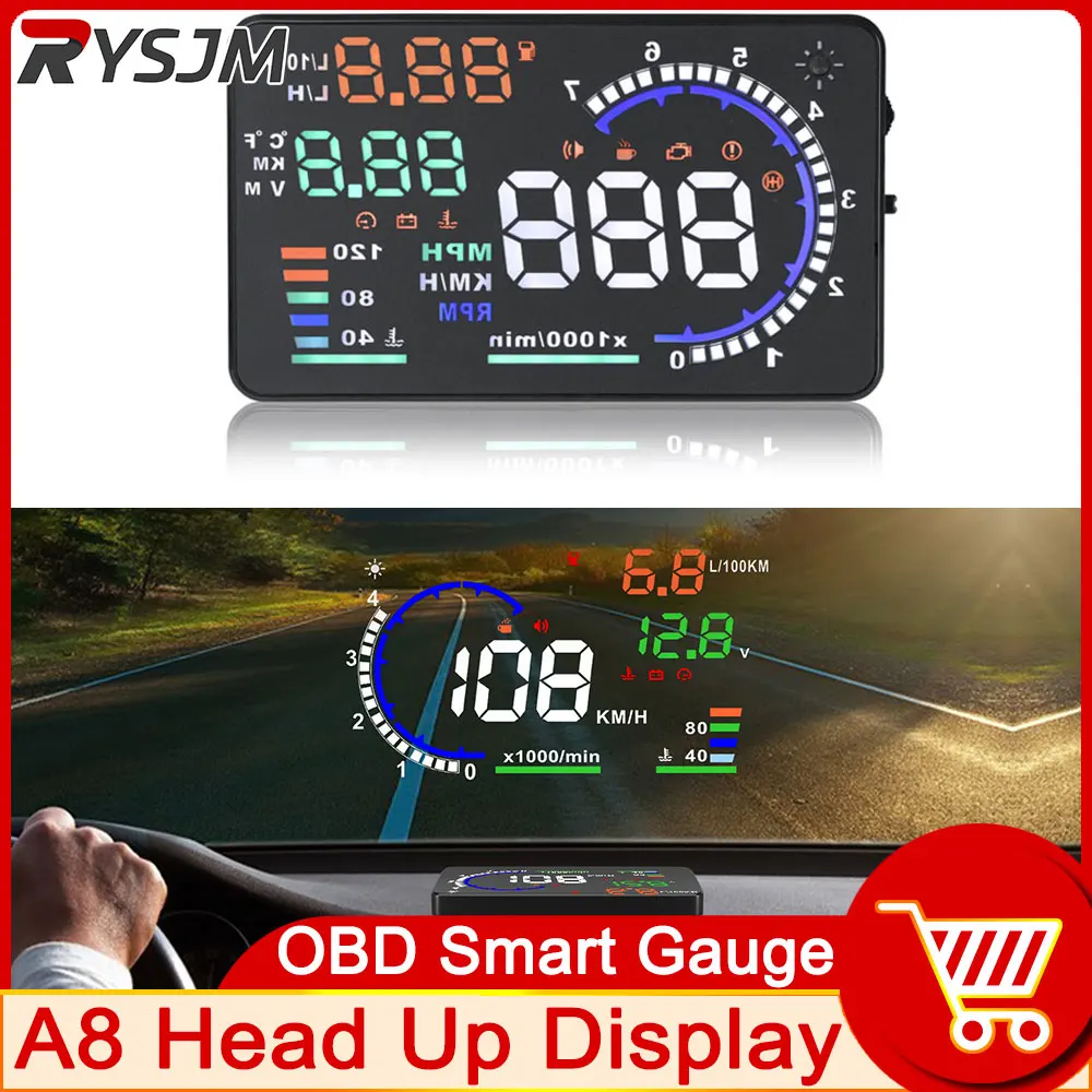 

A8 OBD2 HUD Автомобильный проекционный дисплей Цифровой спидометр Проектор скорости лобового стекла с сигнализацией Скорость Температура воды Об/мин
