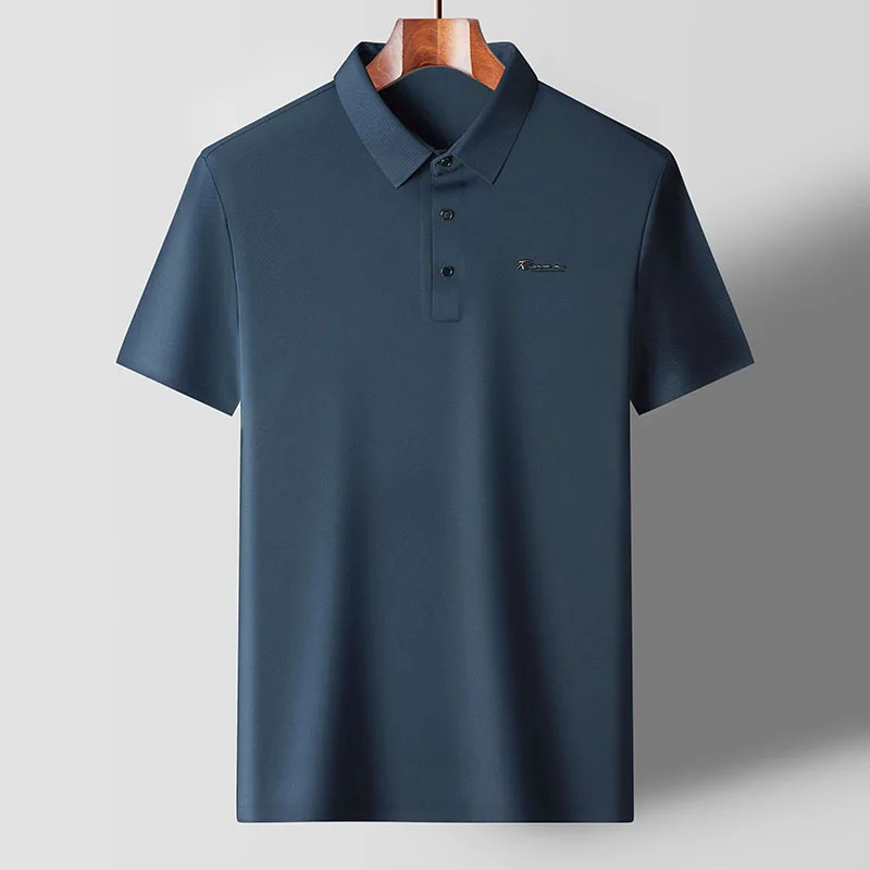 

Высококачественная летняя новая бесшовная однотонная мужская рубашка-поло из ледяного шелка с лацканами в Корейском стиле с короткими рукавами в деловом стиле Футболка женская