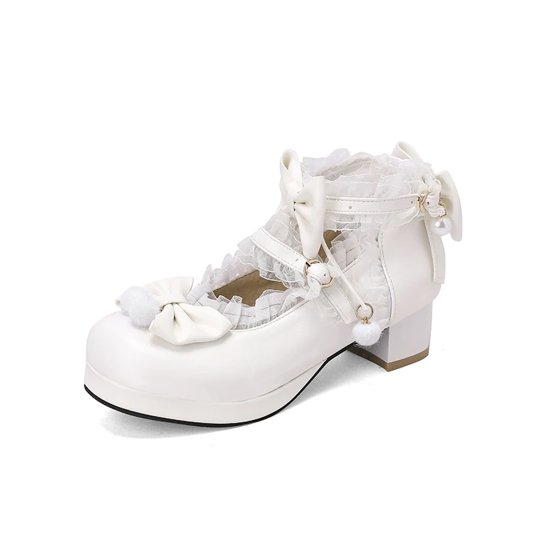 2023 new Spring women pumps  plus size 22-26.5cm Pearl mesh bow ankle buckle Lolita shoes cute mary jane shoes platform shoes