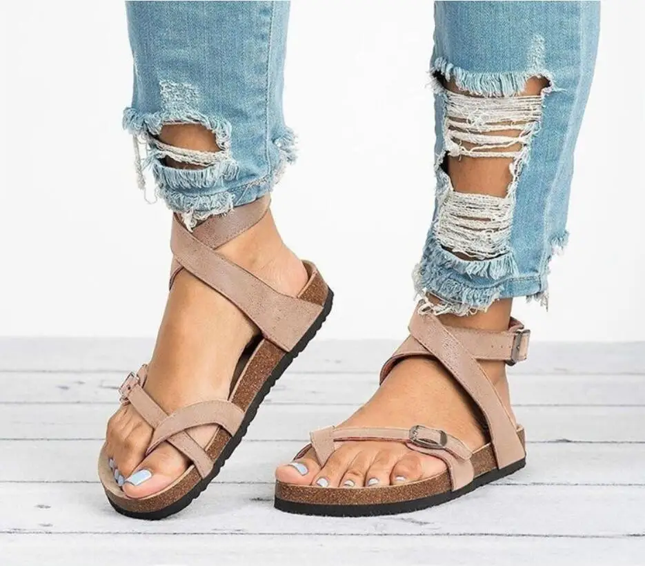 Women's sandals sandals new women's summer belt buckle sandals to increase size 43 leather flat sandals female trigger leisure b