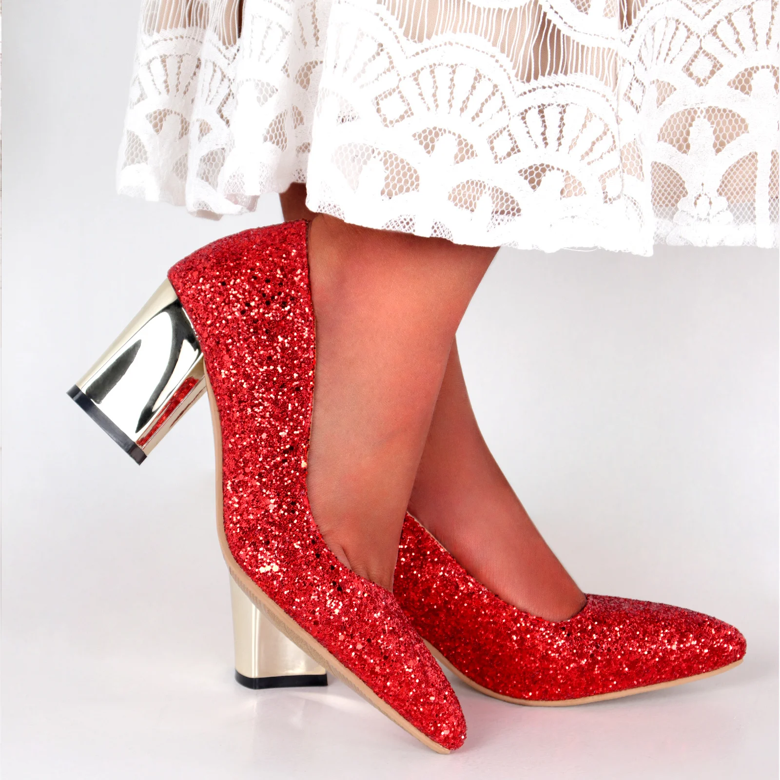 

Women's Wedding Party Shoes 2022 Spring Autumn Pointed Toe Chunky High Heels Shiny Women Pumps Silver Gold Female Shoes