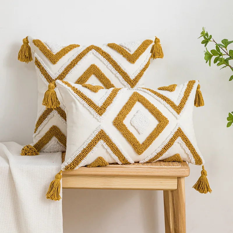 

Yellowish Brown Geometric Embroidered Pillow Case Cotton Tufted Fringed Cushion Cover Decorative Home Pillow Cover for Sofa
