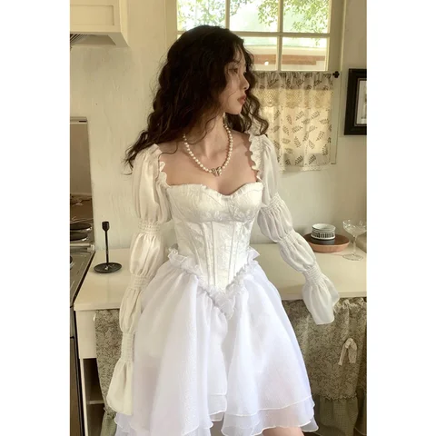 Women Wear Dress In Spring Thai Tea Break French Design Small Fragrance White Princess Puffy Skirt Unique Chic  Temperamen Dress