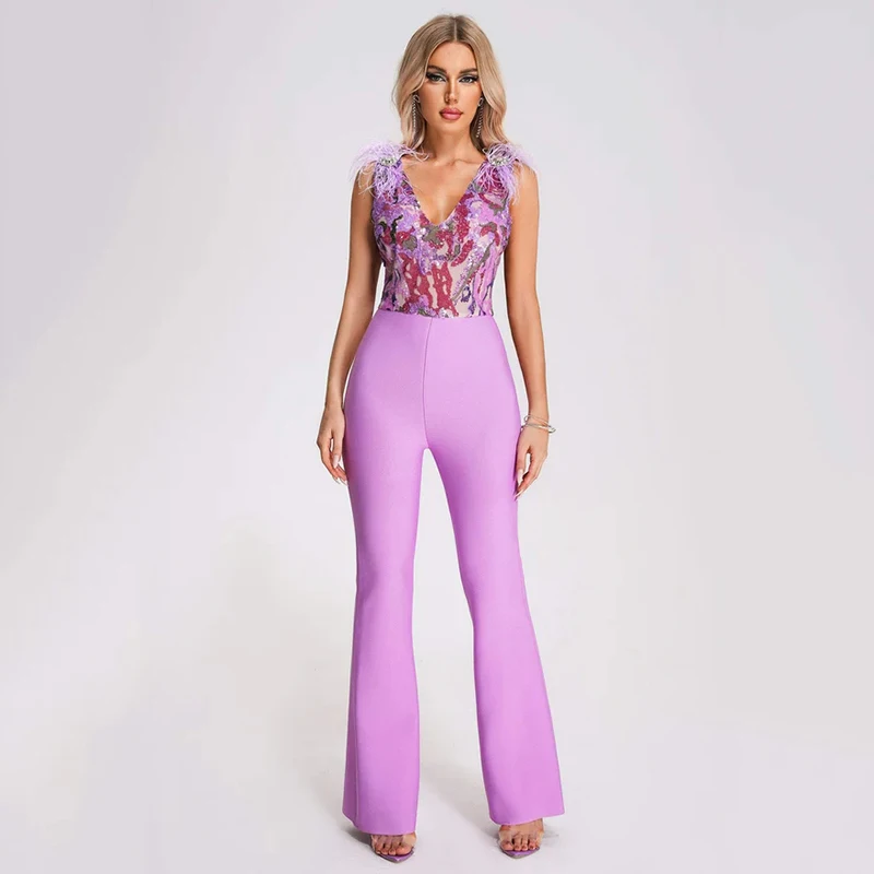 

Purple Sequin Embroidered Bandage Jumpsuit Women New Elegant V-neck Sleeveless Feather High Waisted Bodysuit Fashion Outfit H783