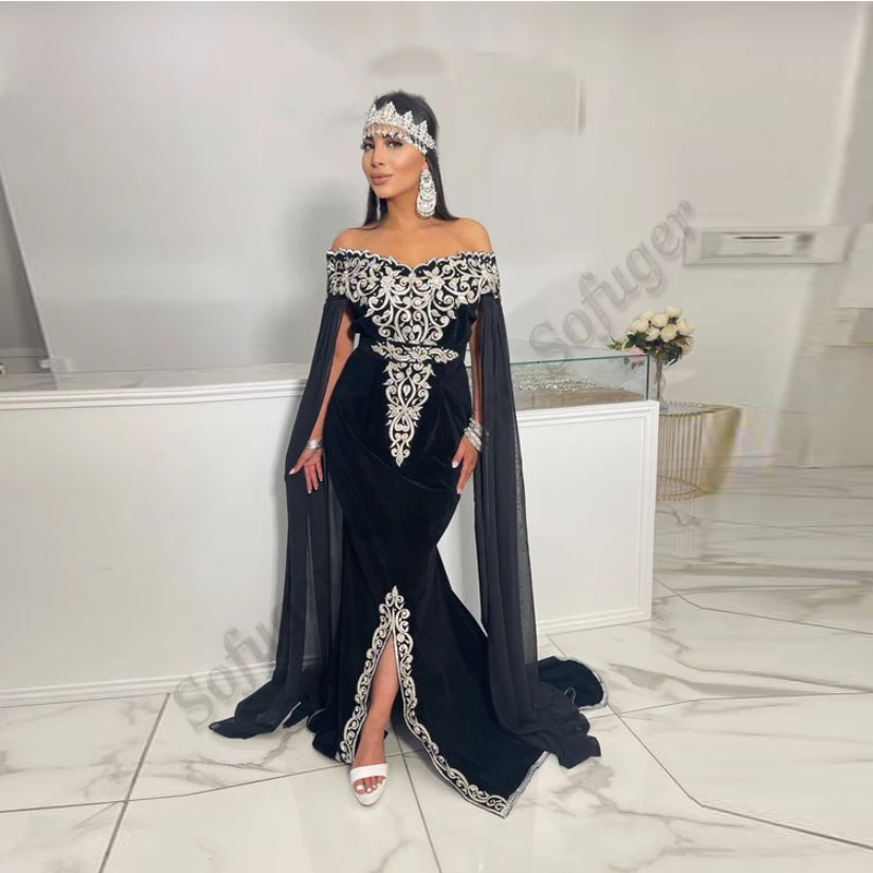 

Black Velvet Trumpet Evening Dress Moroccan Off The Shoulder Appliques Arab Prom Muslim Gown Party Robes De Soirée Customised