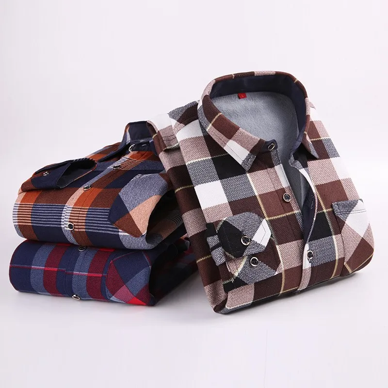 

2022 New Autumn Winter New Men Fashion Long Sleeve Plaid Shirt Fleece and Thick Warm Men's Casual High Quality Large Size Shirt