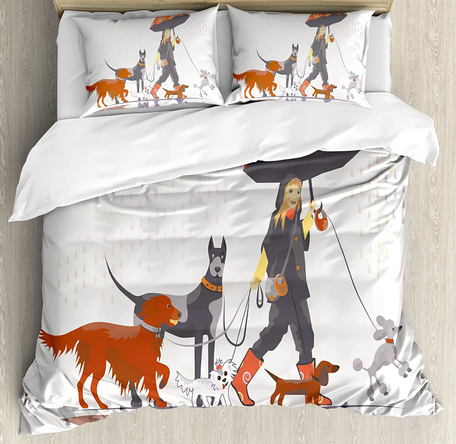 

Dog Bedding Set For Bedroom Bed Home Young Modern Girl Taking Pack of Dog for a Walk in t Duvet Cover Quilt Cover And Pillowcase