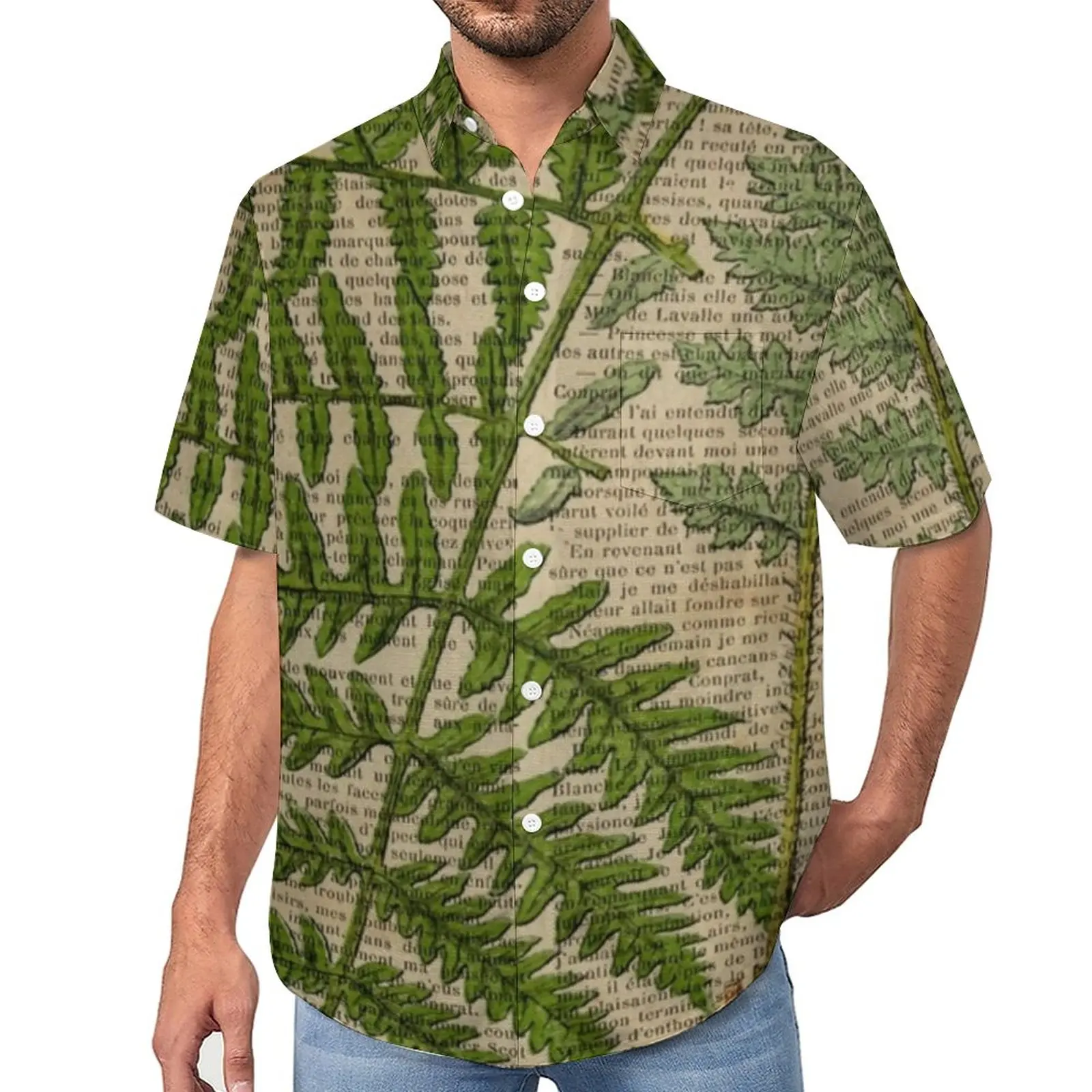 

Vintage Newspaper Casual Shirt Fern Leaves Print Vacation Loose Shirt Hawaii Retro Blouses Short Sleeve Custom Oversize Tops