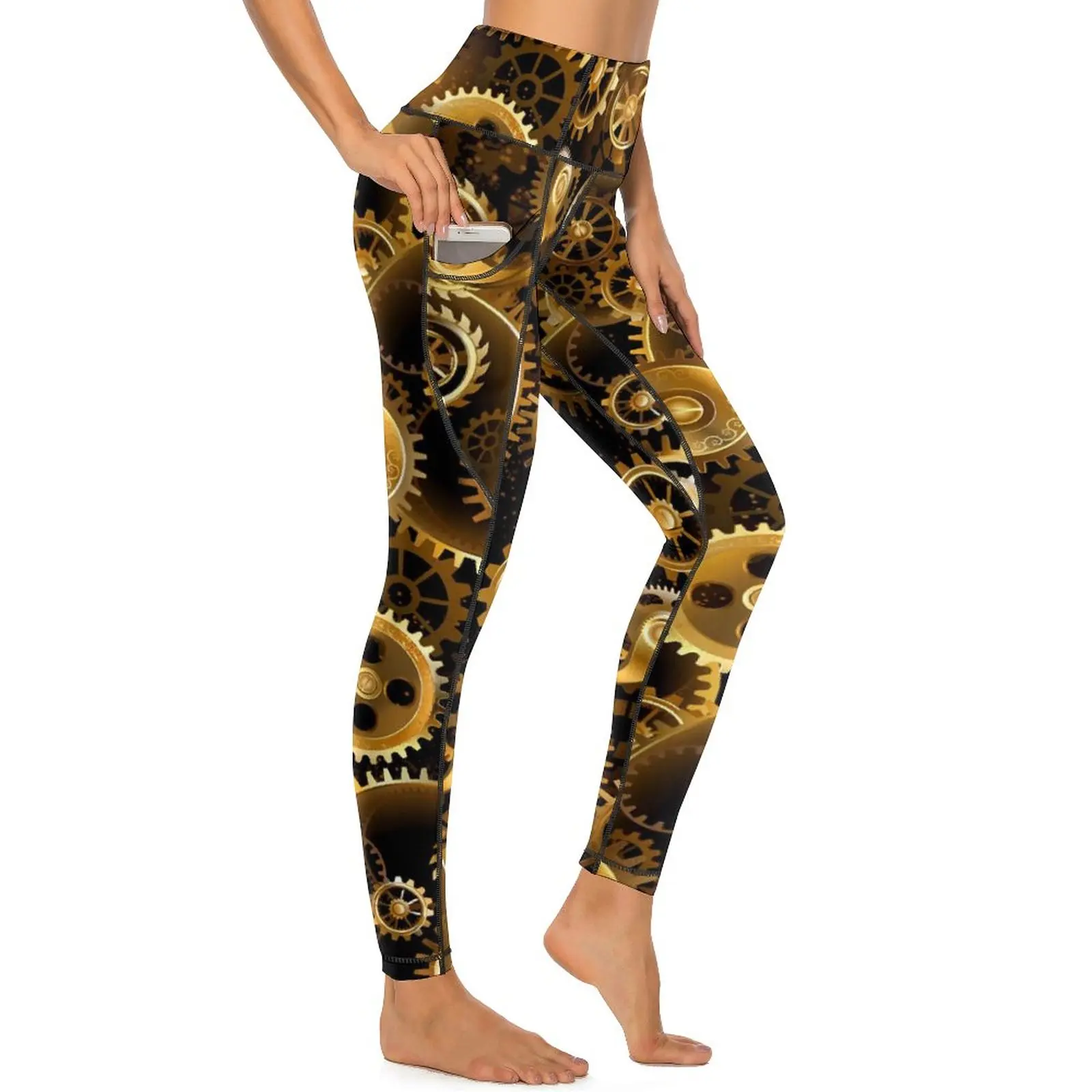 

Steampunk Print Yoga Pants Sexy Brass Gears Graphic Leggings Push Up Workout Leggins Women Cute Stretch Sports Tights