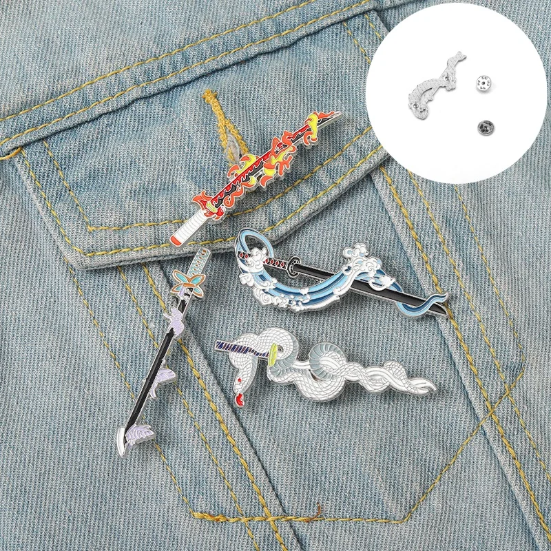 

Demon Slayer Weapons Enamel Pins Anime Japanese Sword Metal Brooches For Women Men Badge Backpack Accessories Gift Fans Jewelry