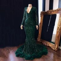 2022 sparkly elegant prom dresses 2022 mermaid v neck long sleeve emerald green sequin lace african black girl feather evening d