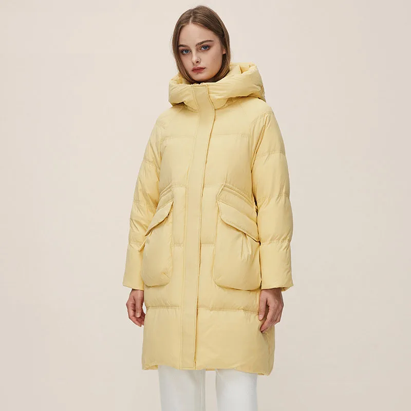 Women Down Coat Winter White Duck Jacket Mid Length Hooded  Jackets Fashion Keep Warm Windproof Snap Zip Thick Cashmere Coats