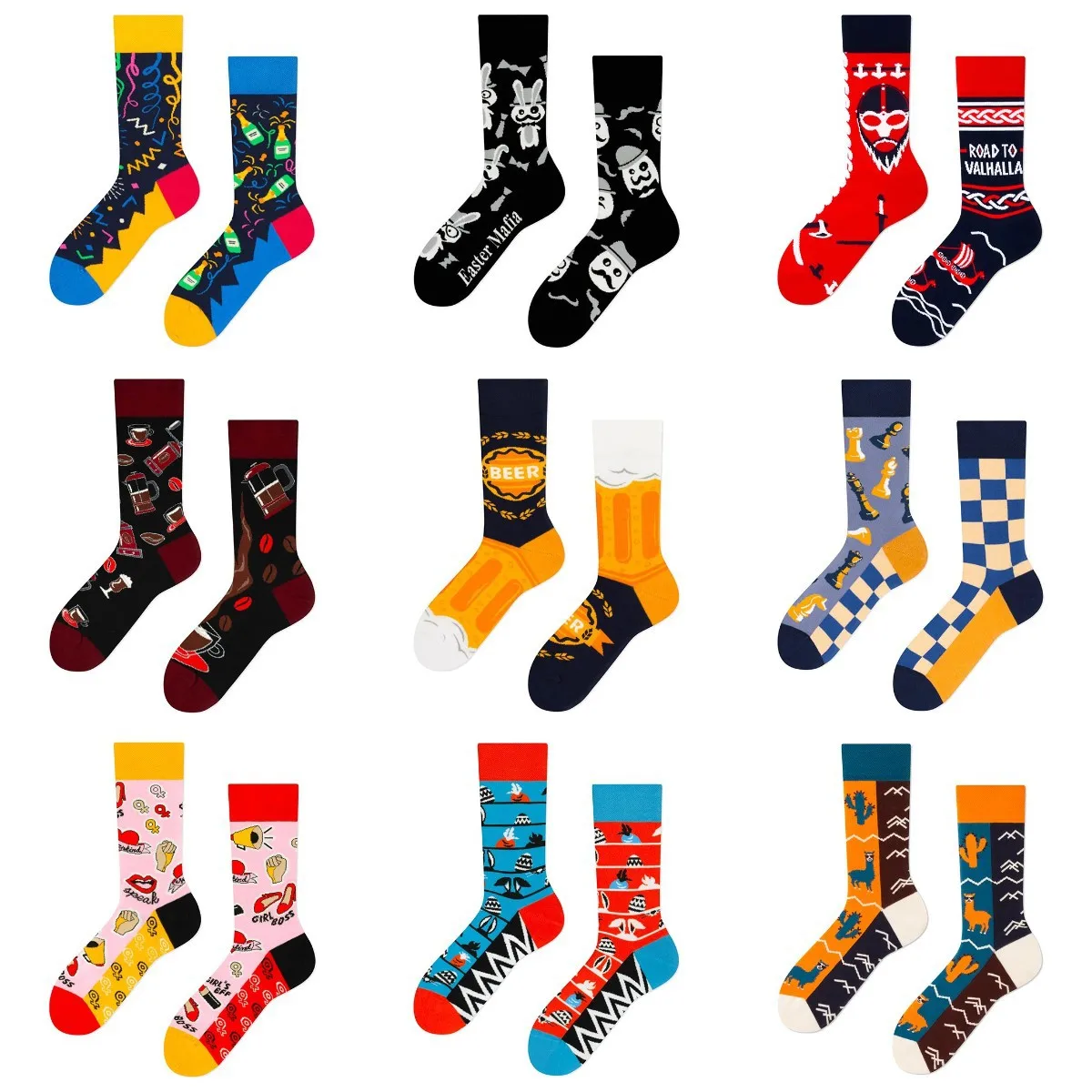 

New Summer AB Trend Asymmetrical Mandarin Mandarin Ins Cotton Cartoon Jacquard High Cylinder Couple Sports Fashion Socks Men
