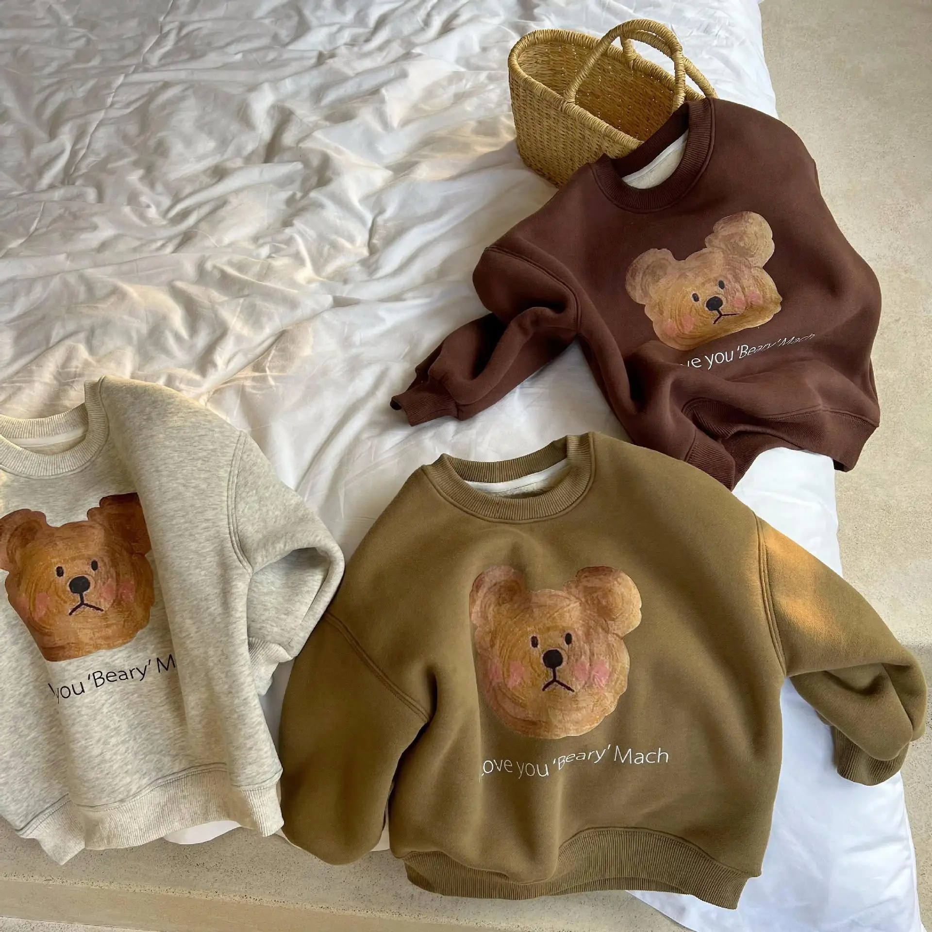 

Spring Autumn Children Thicken Plus Fleece Sweatshirt Girl Baby Cartoon Bear Long Sleeve T-shirt Boy Infant Cotton Letter Tops
