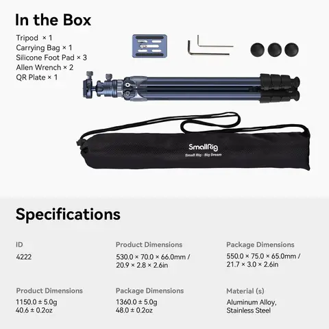 SmallRig AP-02 Легкий дорожный штатив с центральной колонной, шаровой головкой на 360°, QR-пластиной, дорожная сумка, нагрузка до 8 кг для зеркальной камеры