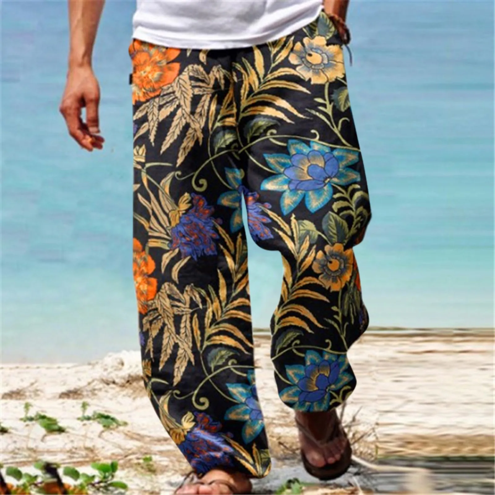 

Mens Pants Casual Versatile All Print Loose Pants Fashion Beach Pocket Trousers Outdoor House