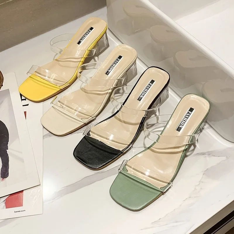 2022 Summer New Women Slippers Shoes Celebrity Wearing Simple Style PVC Clear Strappy Buckle High Heels Woman Transparent Heels