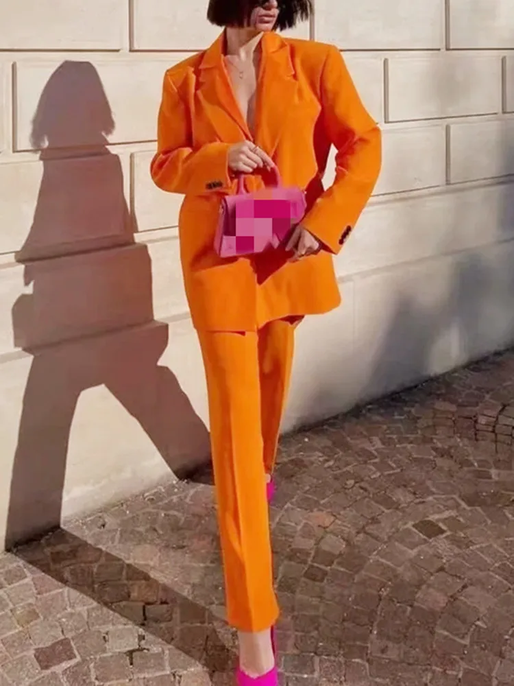 

PTYSIC Women Solid Pockets Notched Single Button Blazer Straight Leg Zipper Fly Trousers 2022 Spring New Office Lady Pant Sets