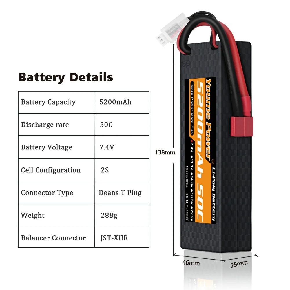 

Youme 5200mah 2S 7.4V 50C Lipo Battery Deans T XT60 EC3 Deans Hard Case For RC Car FPV Drone Helicopter Airplane Boat Truck