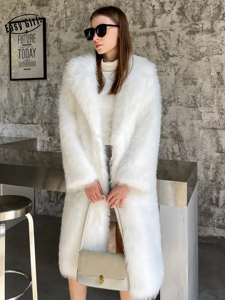 Women Faux Fox Fur Fluffy Overcoat Warm Elegant Lapel Loose Female Long Coat 2022 Autumn Winter Streetwearr Lady Commuter Coats