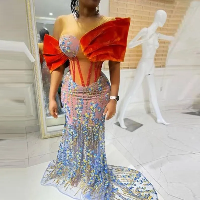 

Floral Evening Dress Elegant Mermaid vestidos de fiesta de noche Long Orange Evening Dresses vestidos elegantes para mujer